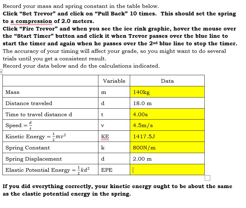 Record your mass and spring constant in the table below. Click