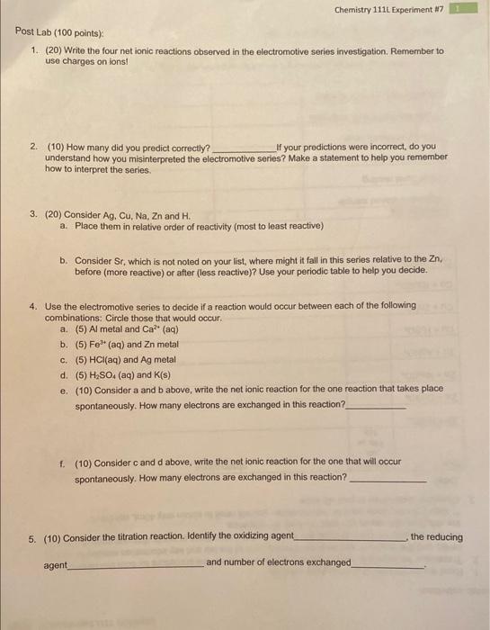 need help with 3&4 Post Lab (100 points): 1. (20) Write the