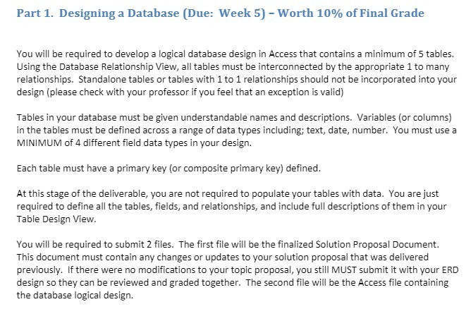 Part 1. Designing a Database (Due: Week 5) - Worth 10%