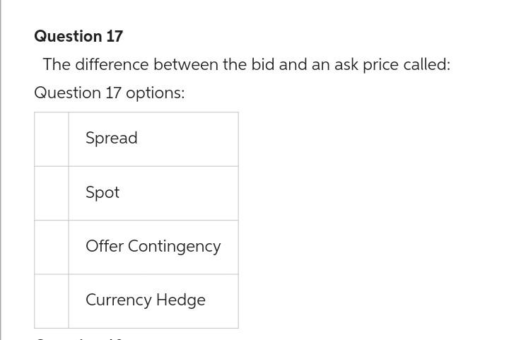  Question 17 The difference between the bid and an ask price