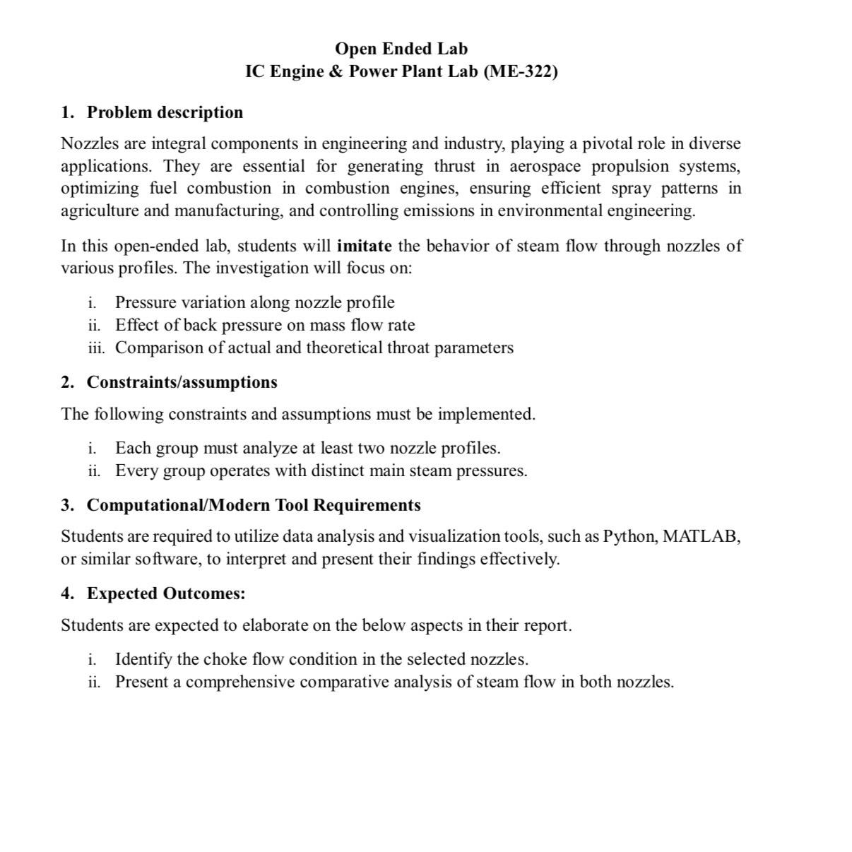  Open Ended Lab IC Engine & Power Plant Lab (ME-322) Problem