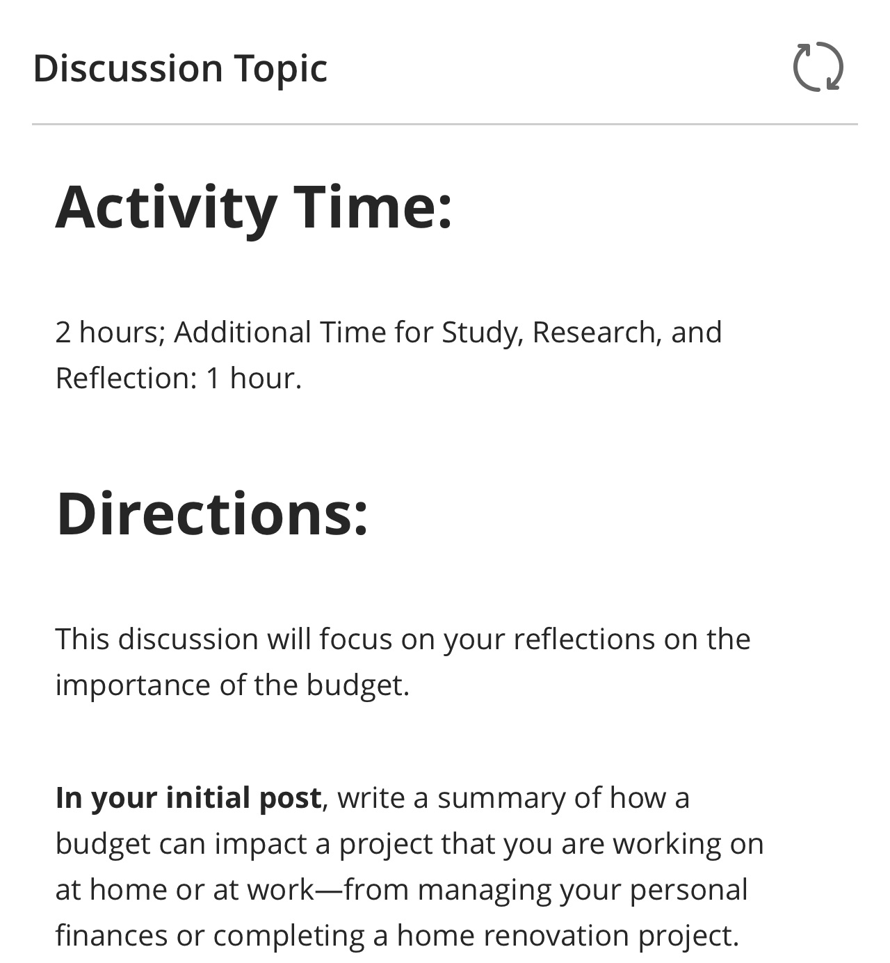 Please add references Discussion Topic Activity Time: 2 hours; Additional Time for