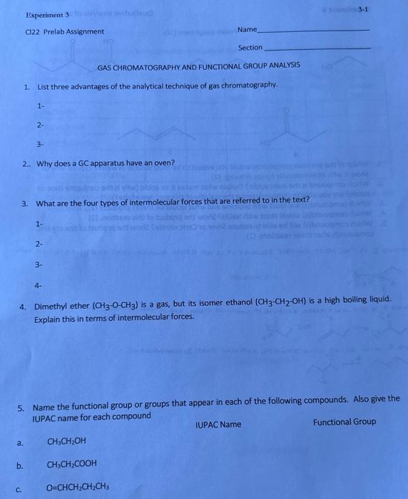  C122 Prelab Assignment Name Section GAS CHROMATOGRAPHY AND FUNCTONAL GROUP ANALYSIS