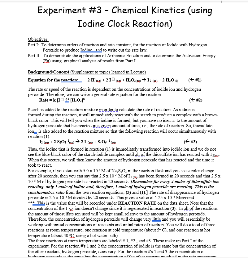  Experiment \#3 - Chemical Kinetics (using Iodine Clock Reaction) Objectives: Part