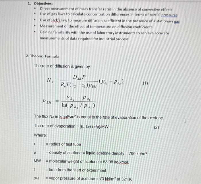 and Diffusion Coefficients 1. Objectives: - Direct measurement of mass transfer rates