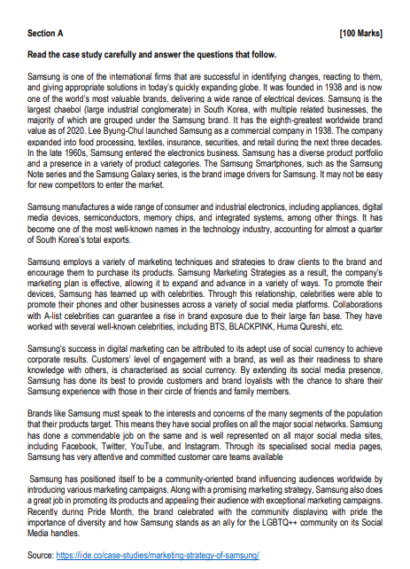  Section A [100 Marks] Read the case study carefully and answer