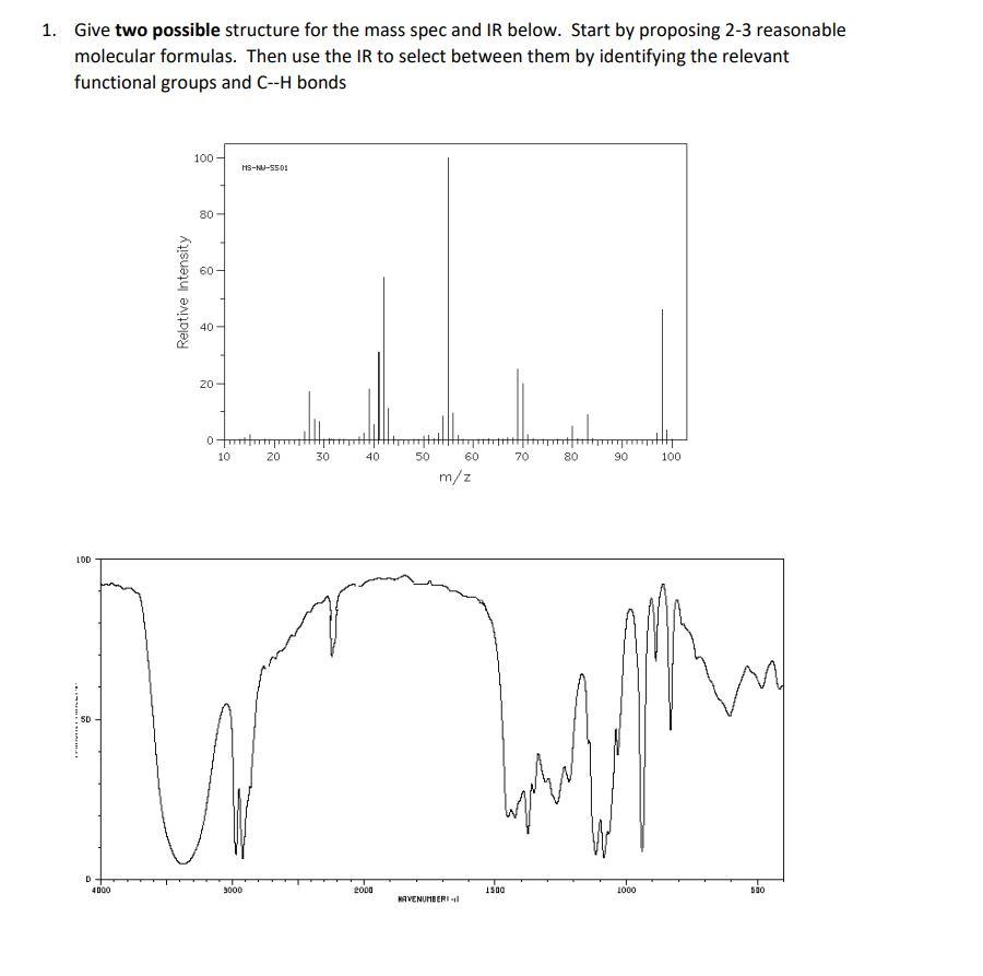 1. Give two possible structure for the mass spec and IR