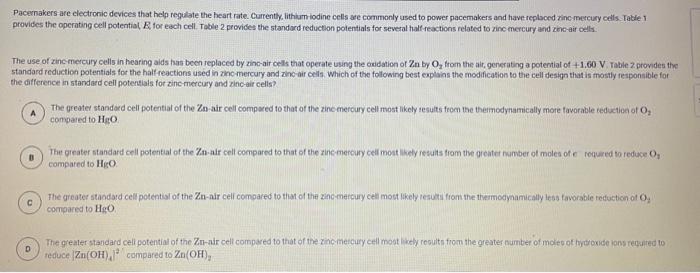 E (V) +2.80 +1.35 Zinc mercury Table 2 Standard Reduction Potential, E"