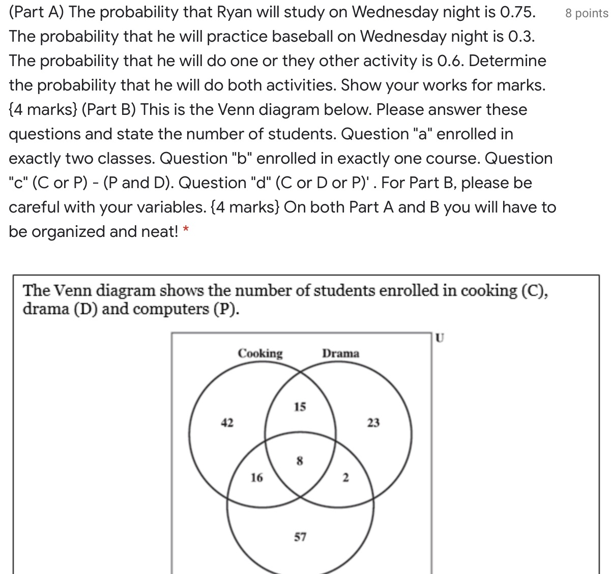  (Part A) The probability that Ryan will study on Wednesday night