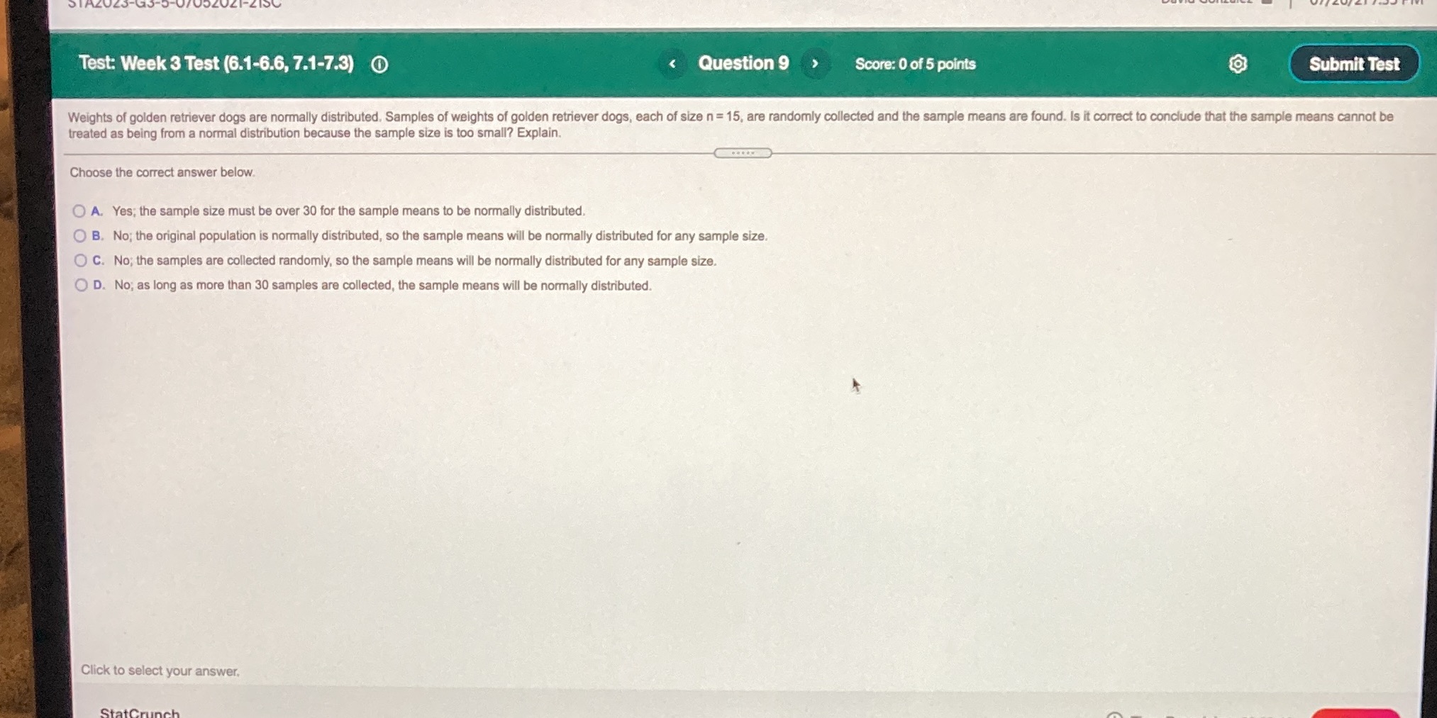  Test: Week 3 Test (6.1-6.6, 7.1-7.3) Question 9 Score: 0 of