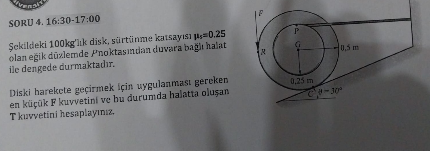  SORU 4.16:30-17:00 ekildeki 100kg'l1k disk, srtnme katsayss=0.25 olan eik dzlemde P