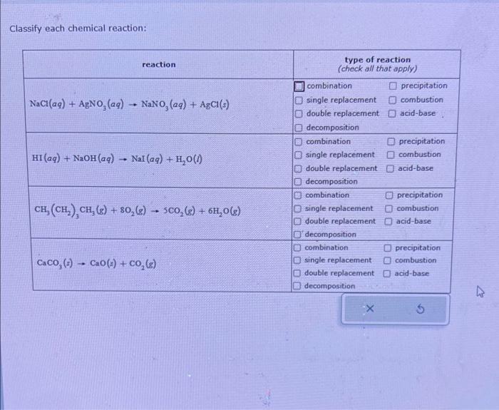  Classify each chemical reaction