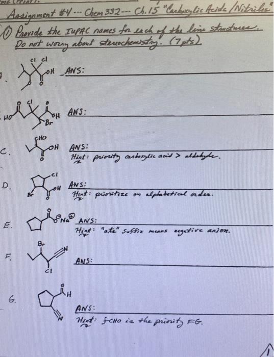 please help with IUPAC name Assignment \#4 -.. Chem 332-.. Ch.15 "Codzrylic