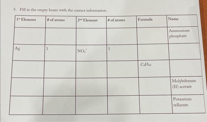  5. Fill in the empty boxes with the correct information