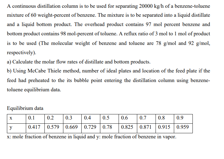  A continuous distillation column is to be used for separating 20000kg/h