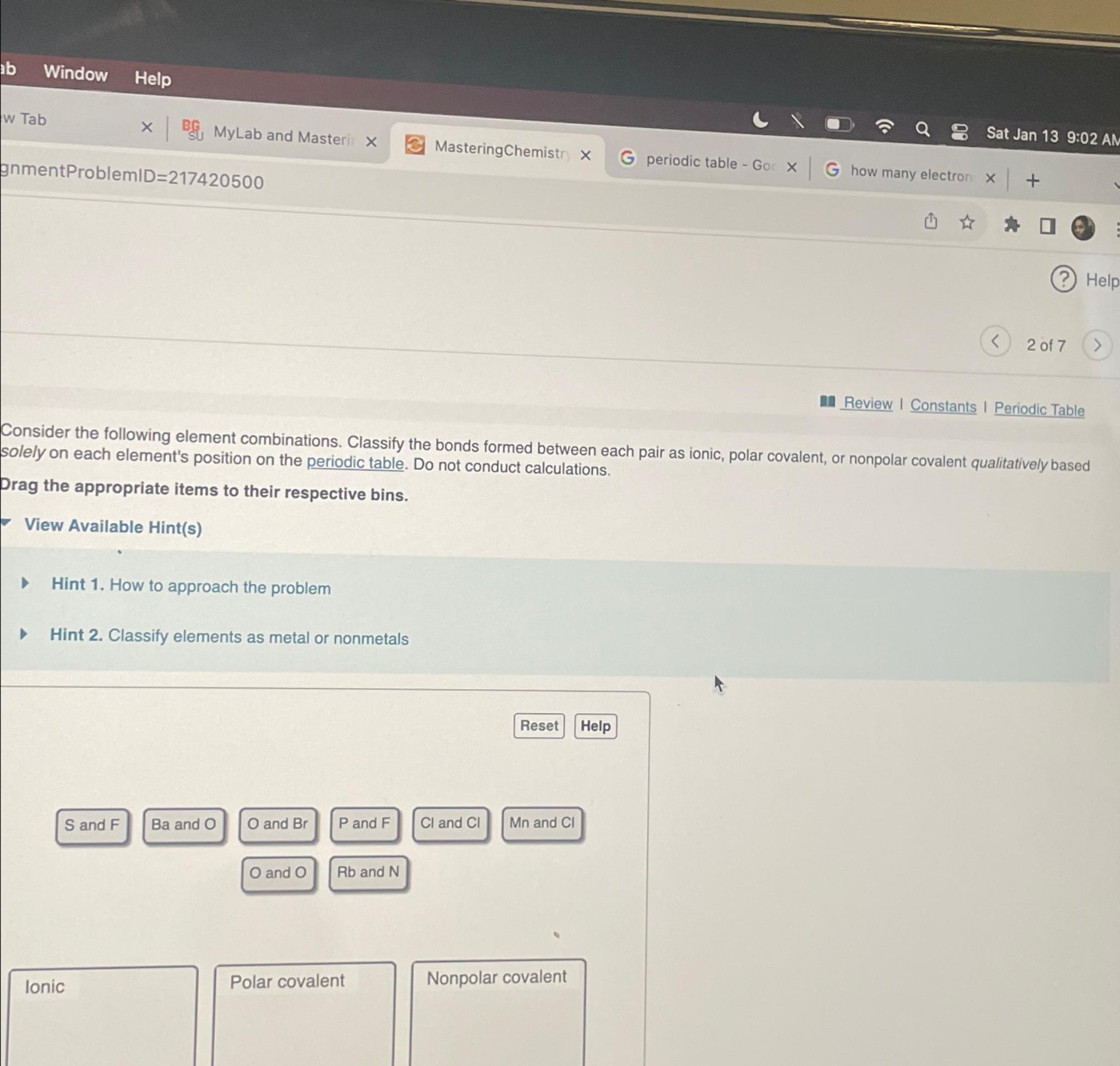  Window Help MasteringChemistr periodic table - Go how many electron Sat