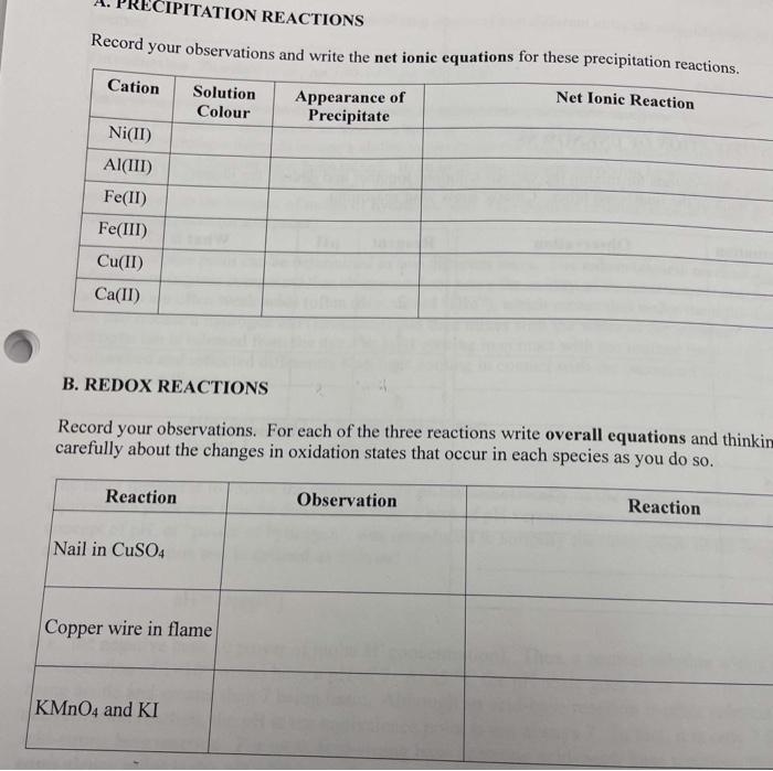  A. PRECIPITATION REACTIONS Record your observations and write the net ionic