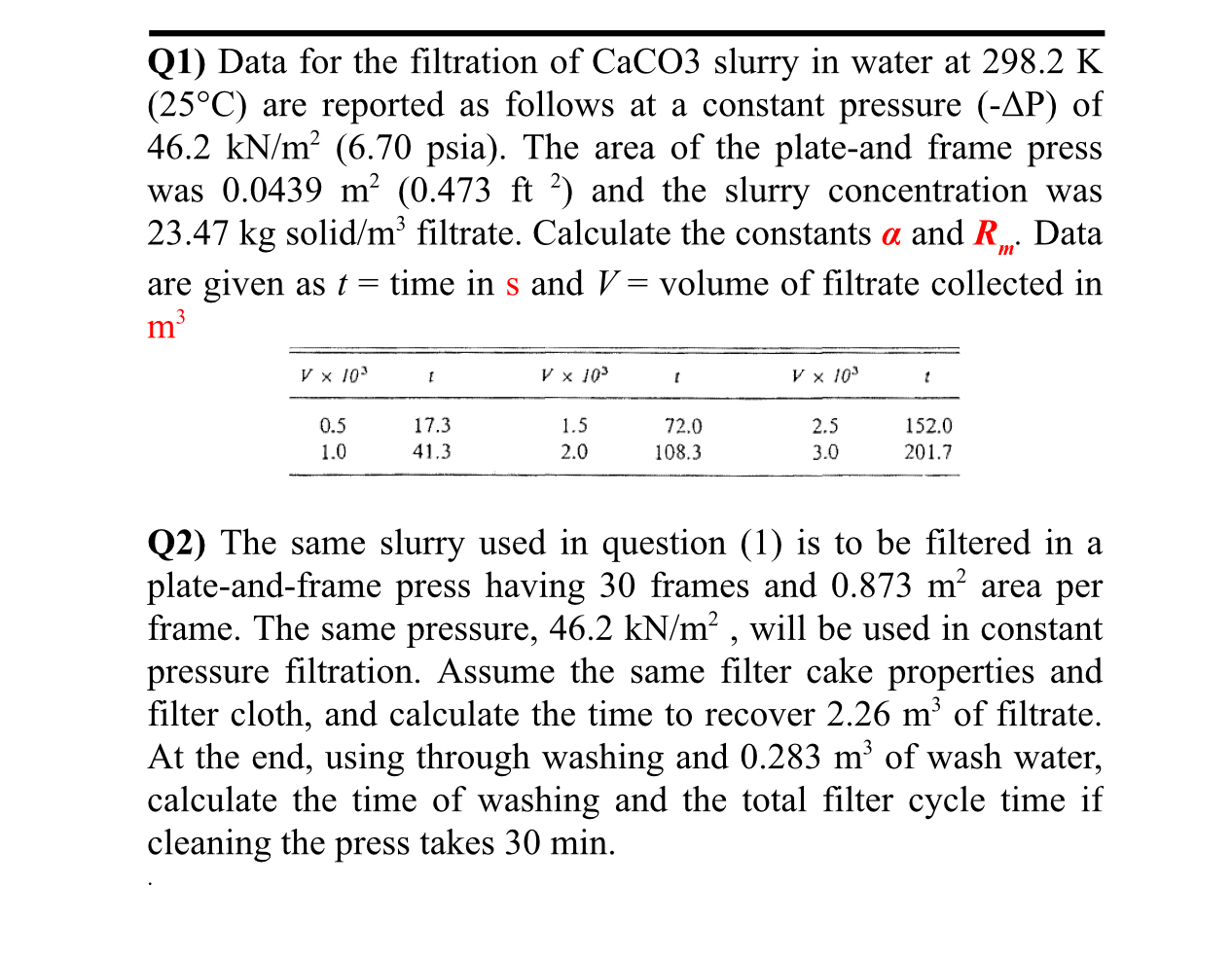  please solve two questions in paper Q1) Data for the filtration