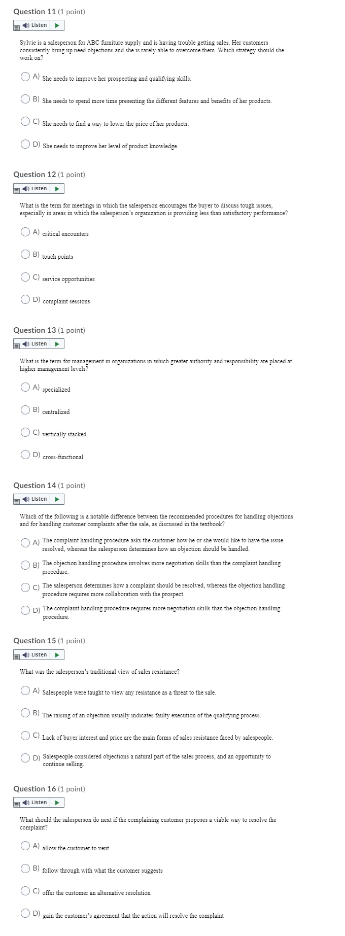 HELP PLEASE ? 11-16 Question 11 (1 point) ) Listen Sylvie is