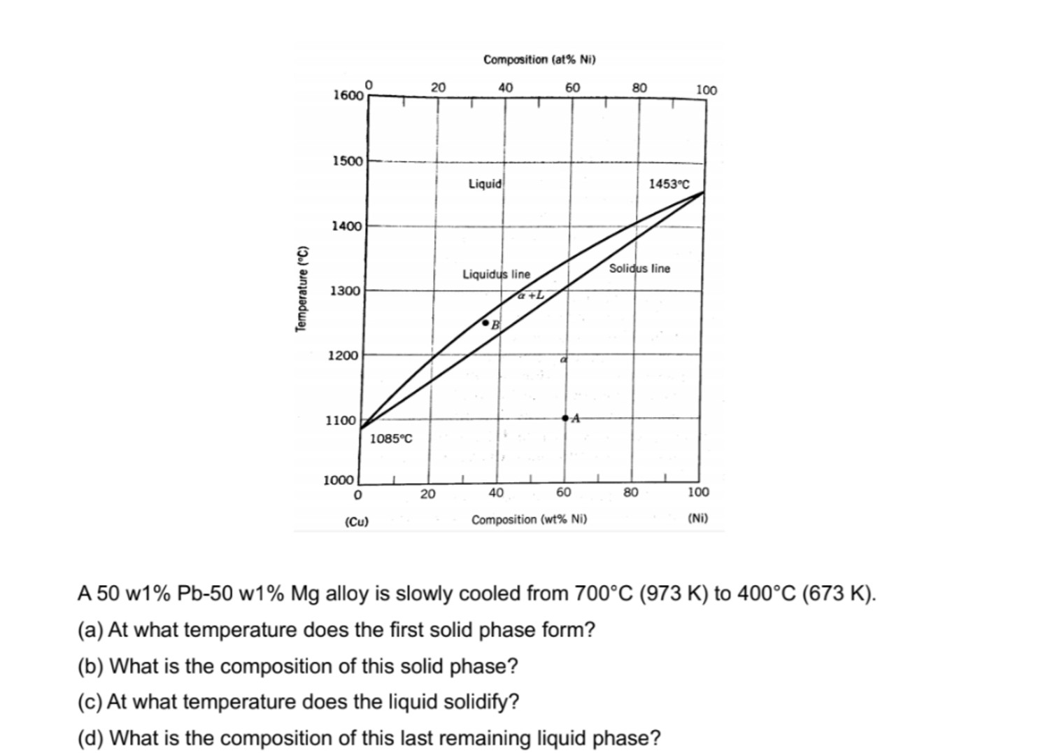  Comocsition (at%Ni A 50w1%Pb-50w1%Mg alloy is slowly cooled from 700C(973K) to