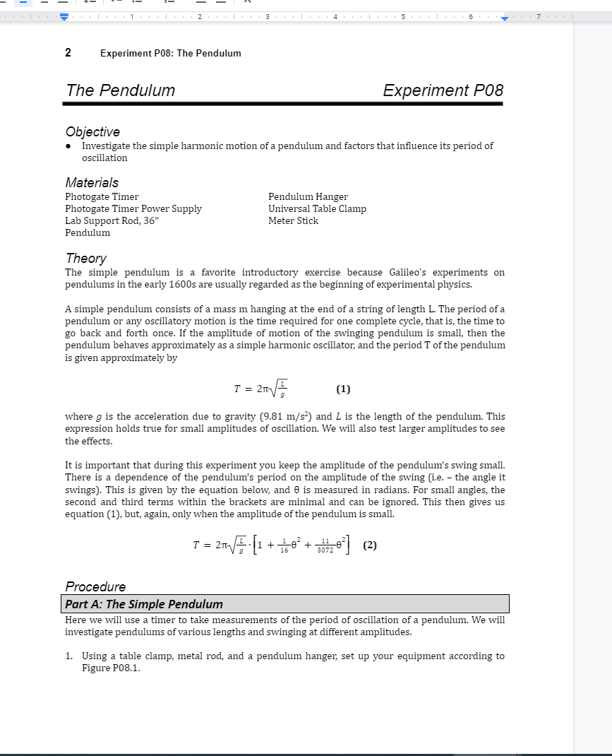 "Write an introduction" 1 7 1 2 Experiment P08: The Pendulum The