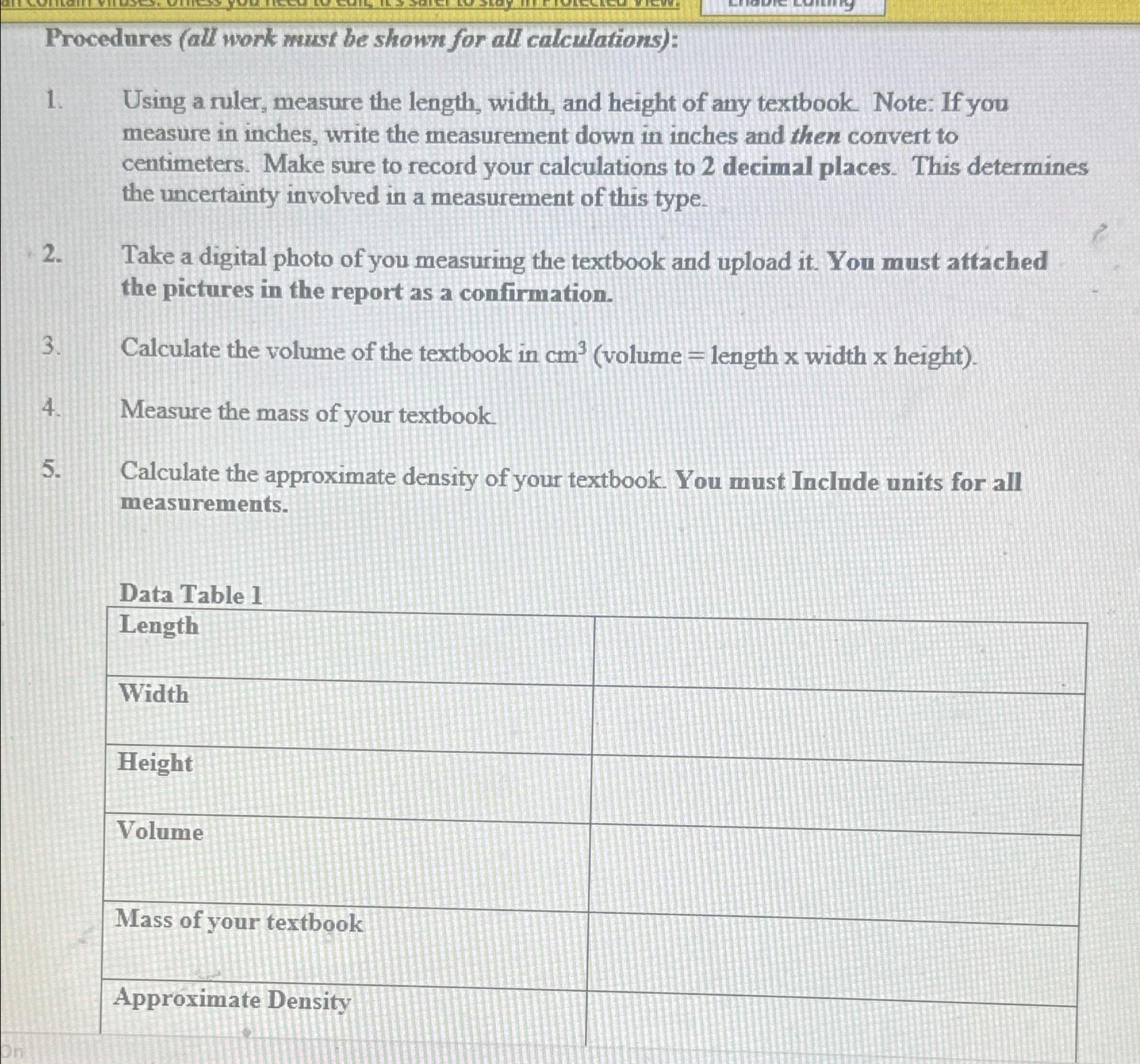 Procedures (all work wust be shown for all calculations): Using a