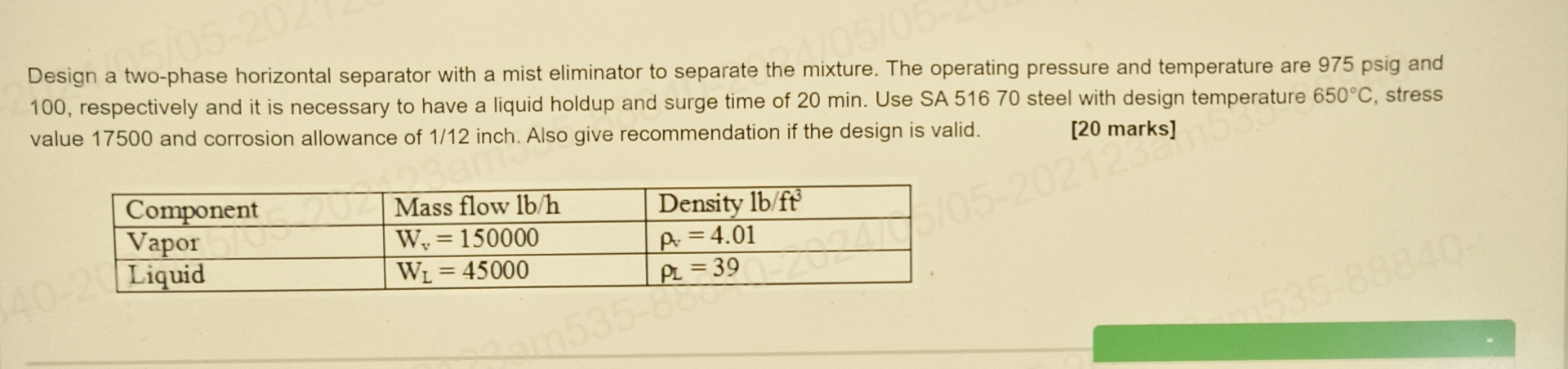  Design a two-phase horizontal separator with a mist eliminator to separate