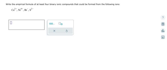  Write the empirical formula of at least four binary ionic compounds