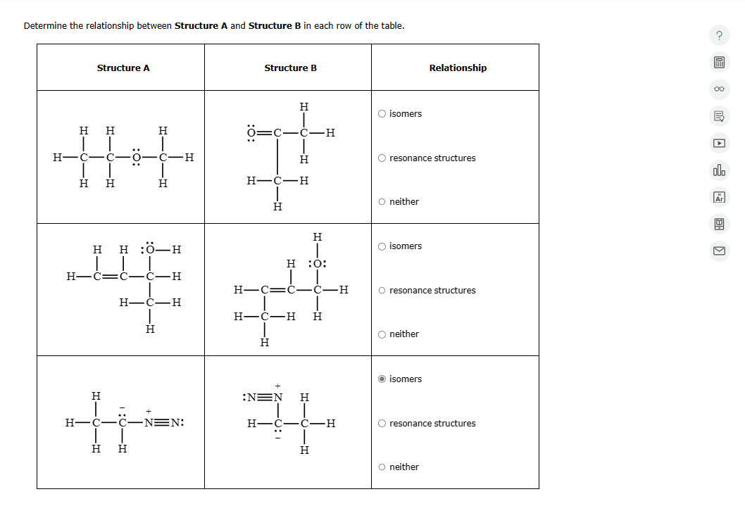  Determine the relationship between Structure A and Structure B in each