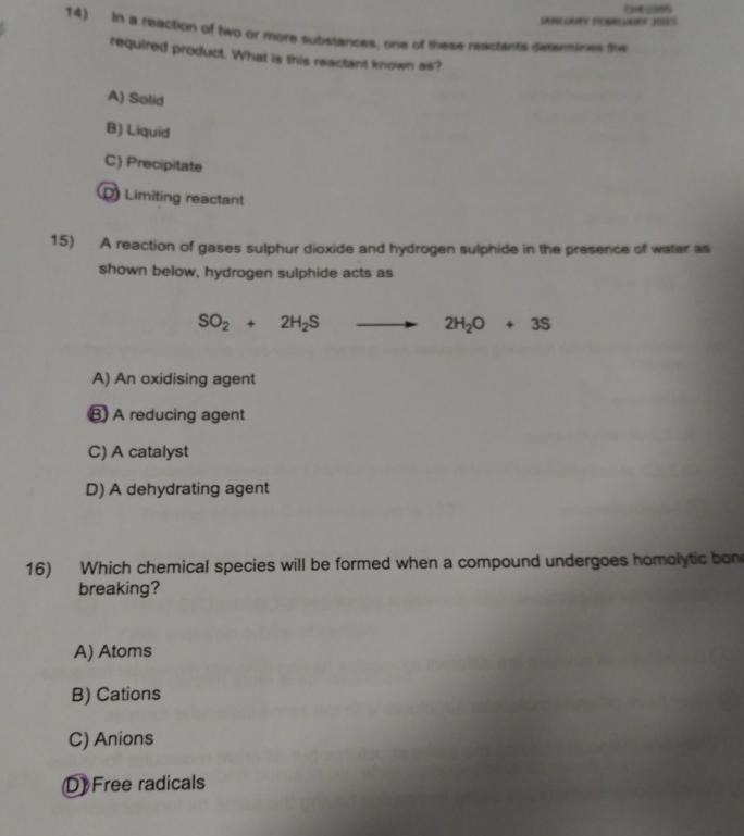  A) Solid B) Liquid C) Precipitate (D) Limiting reactant A reaction