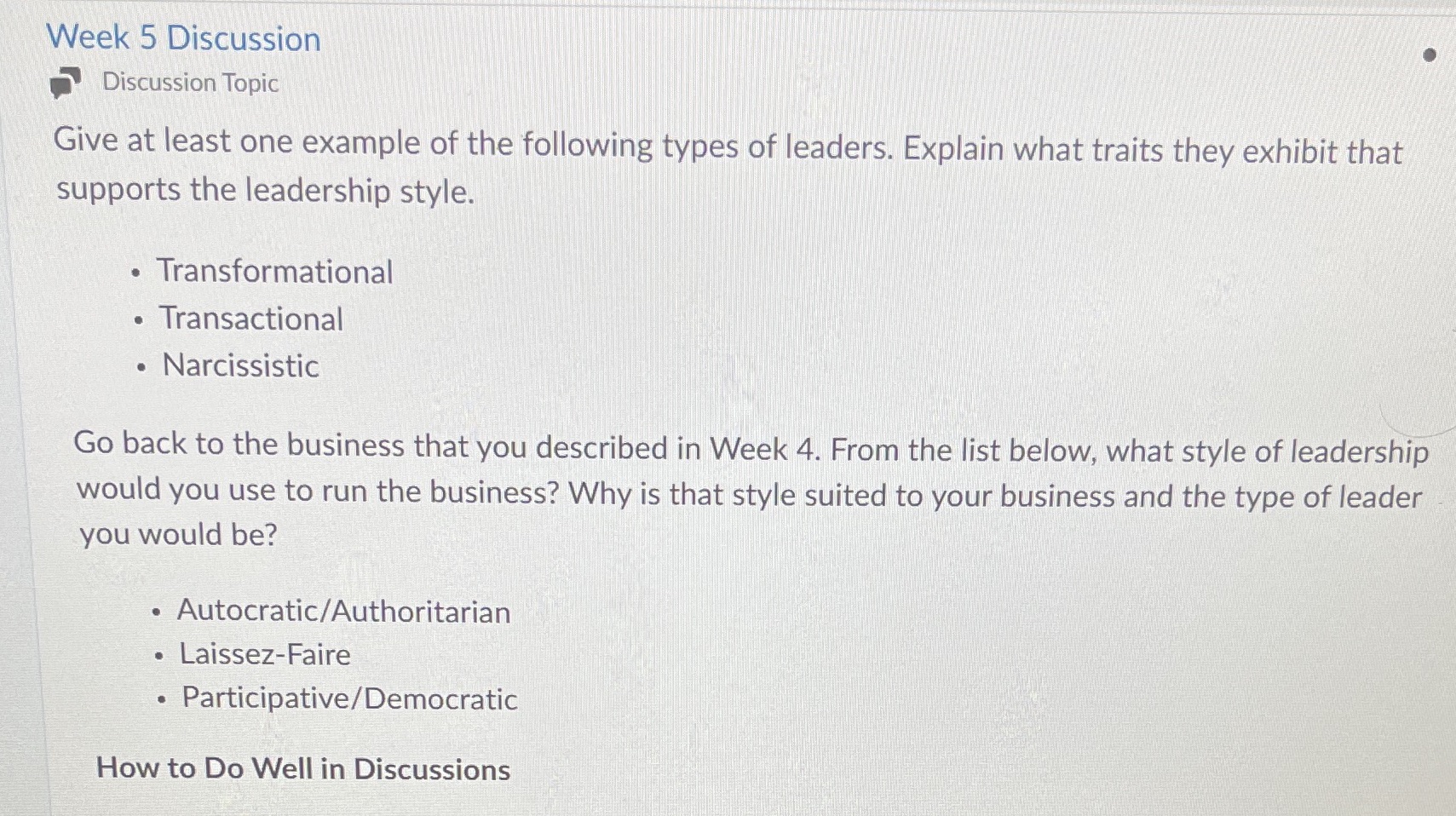 Week 5 Discussion Discussion Topic Give at least one example of