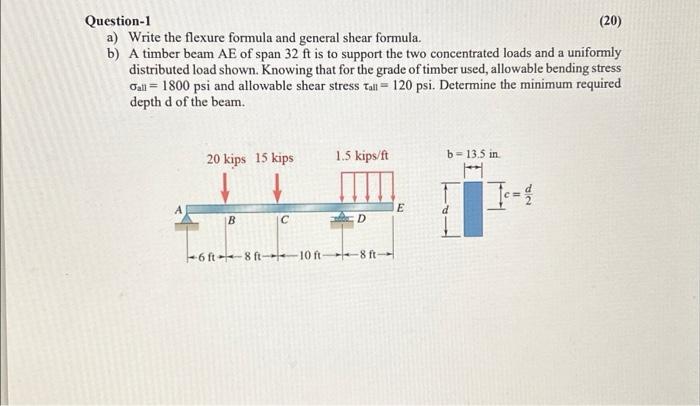  Question-1 a) Write the flexure formula and general shear formula. (20)