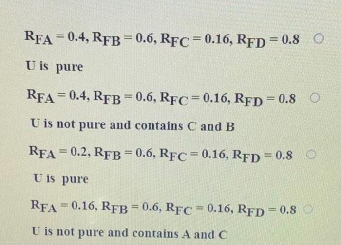 U is pure or not? If no, which compunds it contains? RFA=0.4,RFB=0.6,RFC=0.16,RFD=0.8