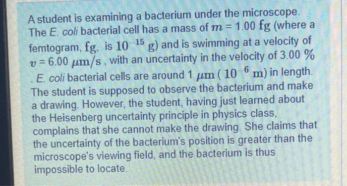  A student is examining a bacterium under the microscope. The E.