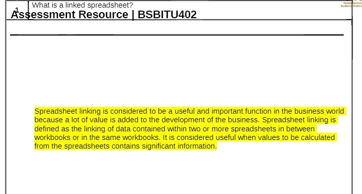  What is a linked spreadsheet? Assessment Resource | BSBITU402 Spreadsheet linking
