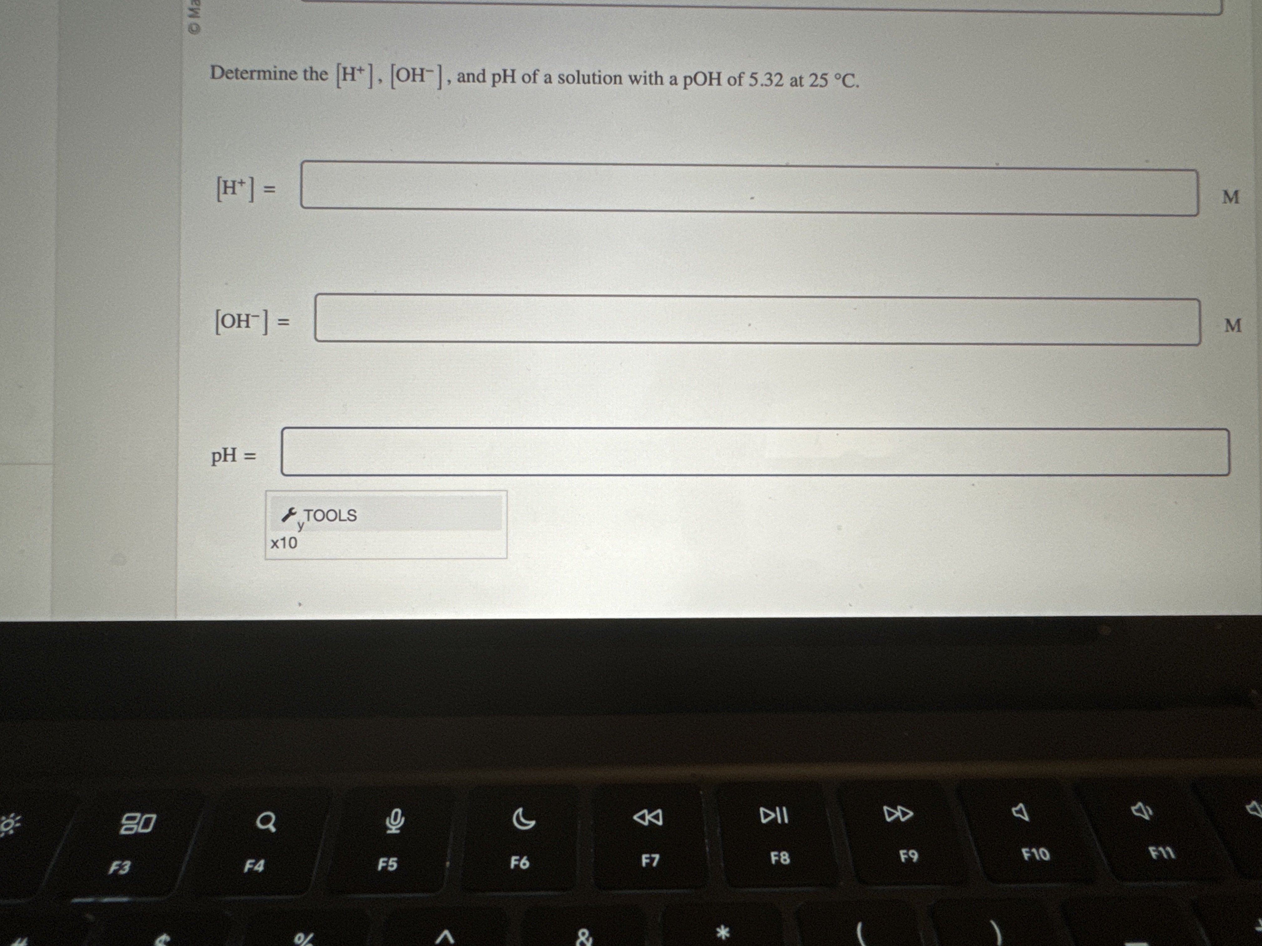  Determine the H+ OH-, and pH of a solution with a