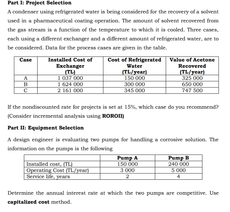 Part I: Project Selection A condenser using refrigerated water is being