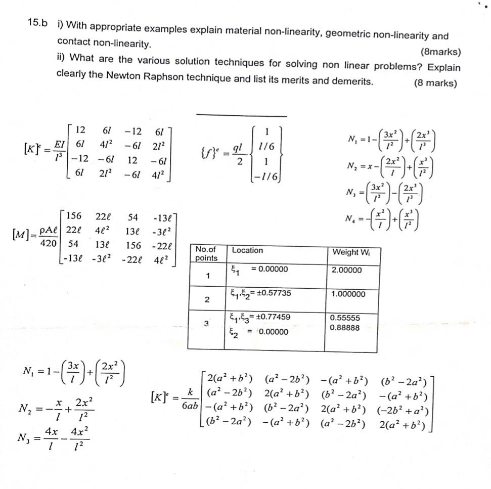 15.b i) With appropriate examples explain material non-linearity, geometric non-linearity and