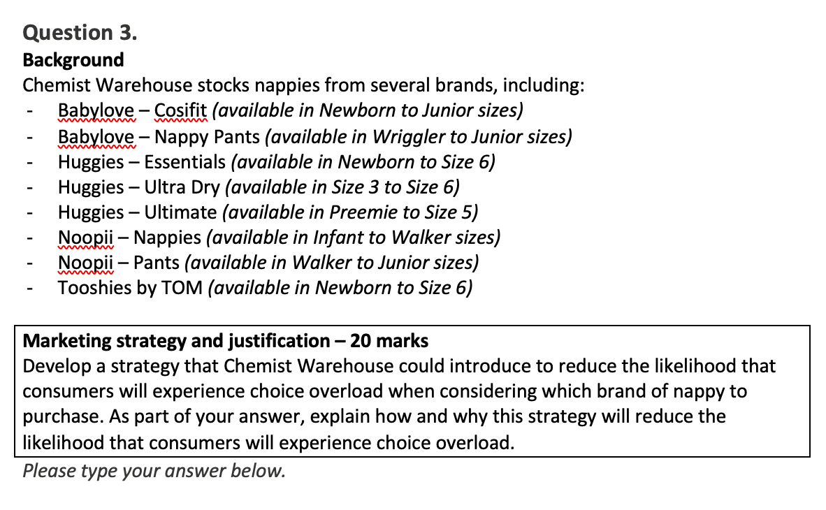 Question Question 3. Background Chemist Warehouse stocks nappies from several brands, including:
