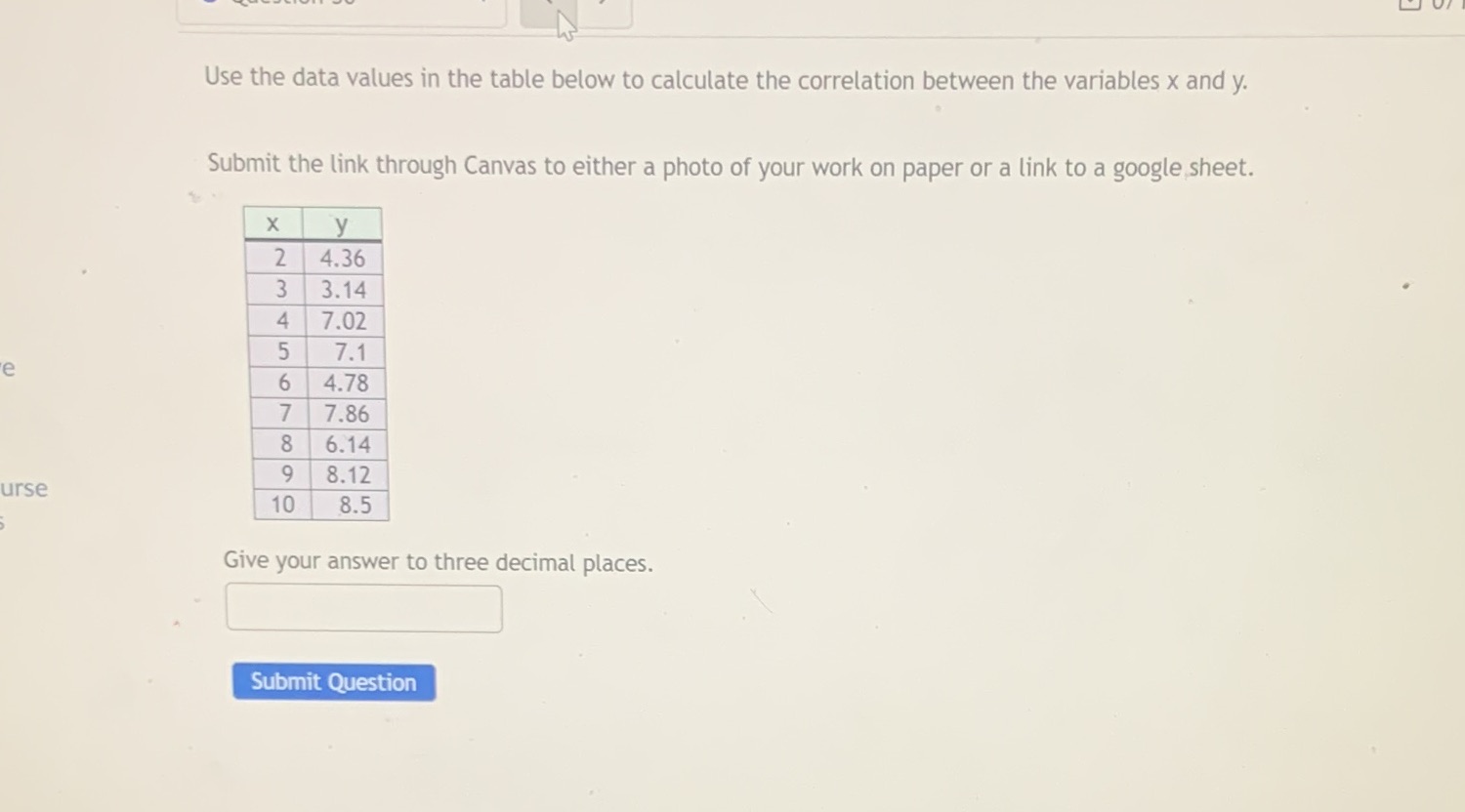  Use the data values in the table below to calculate the