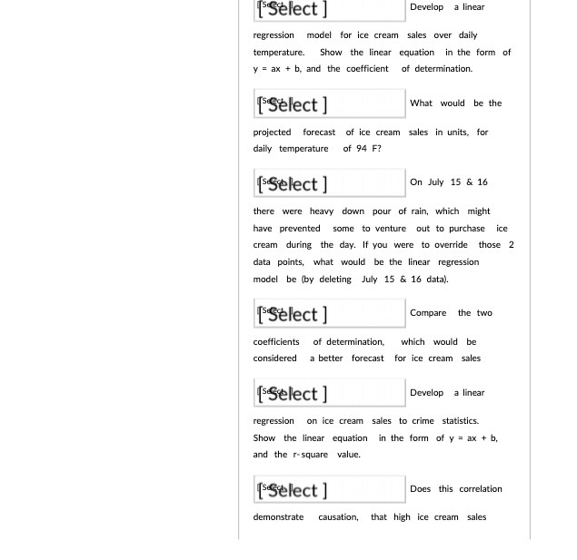  Select ] Develop a linear regression model for ice cream sales