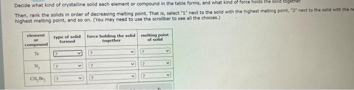  Decide what kind of crystalline solid each element or compound in