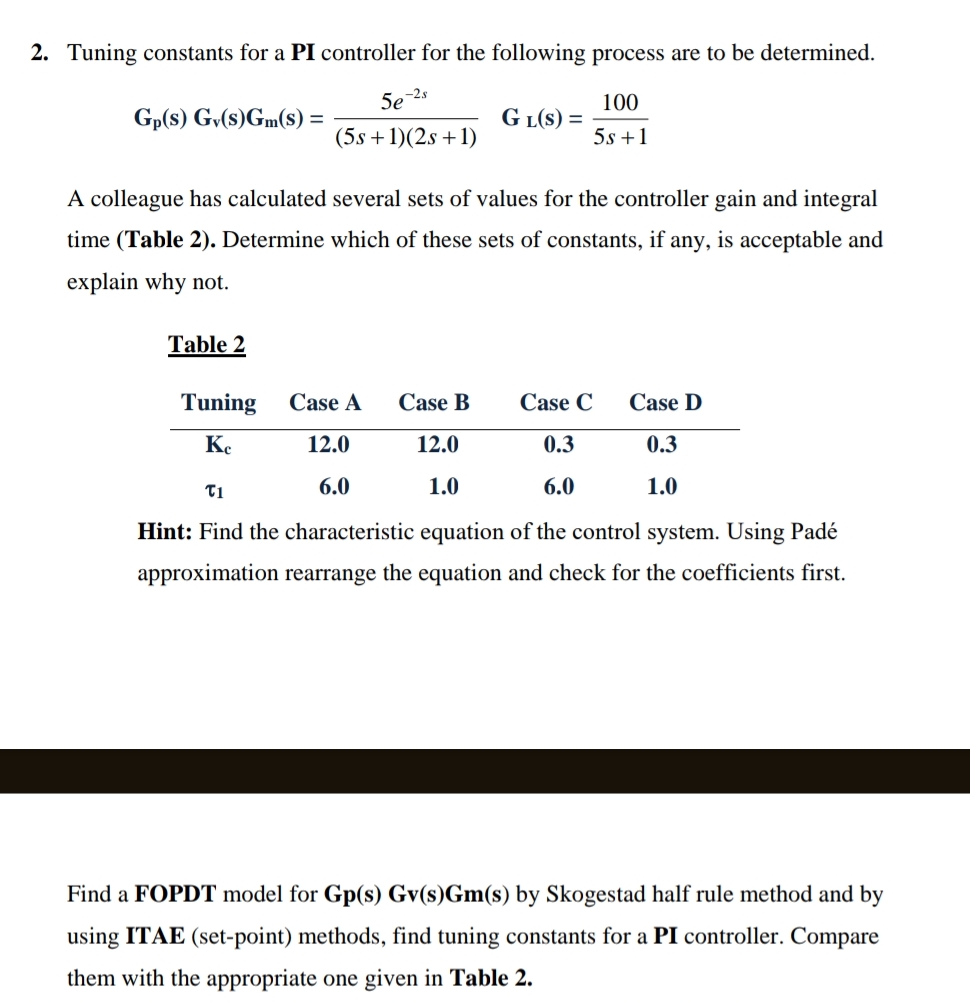  2. Tuning constants for a PI controller for the following process