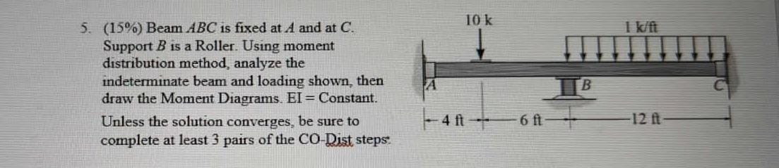 5. (15\%) Beam ABC is fixed at A and at C.