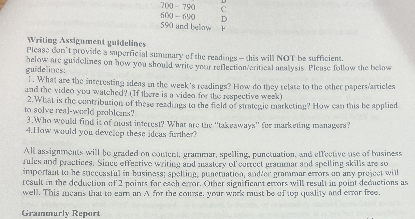 700 - 790 600 -690 590 and below Writing Assignment guidelines