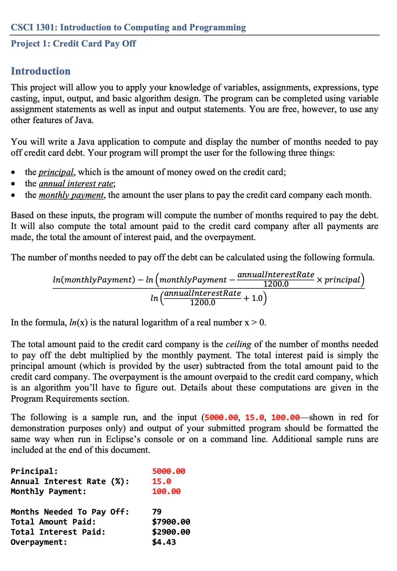  CSCI 1301: Introduction to Computing and Programming Project 1: Credit Card