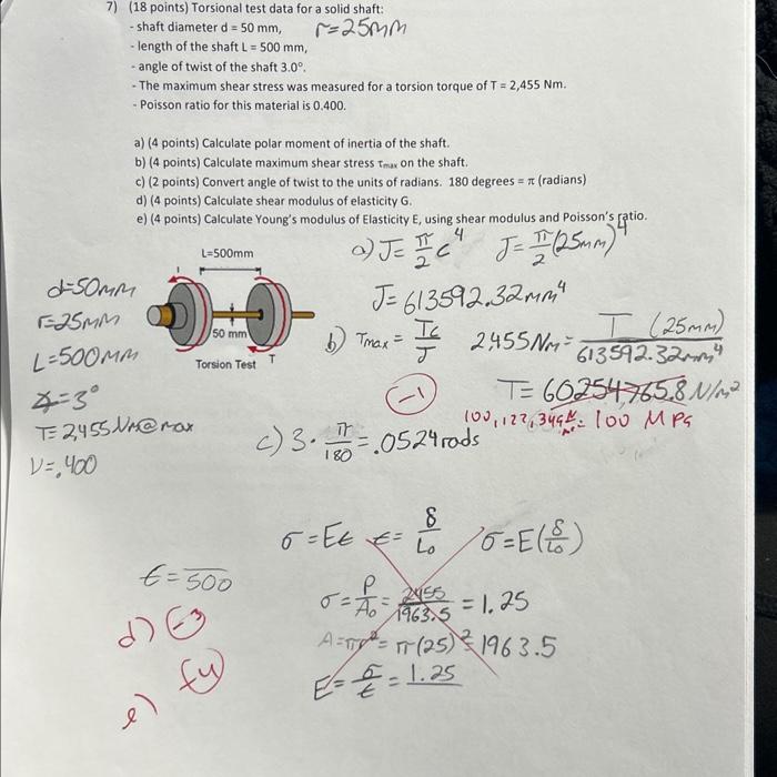  7) (18 points) Torsional test data for a solid shaft: -