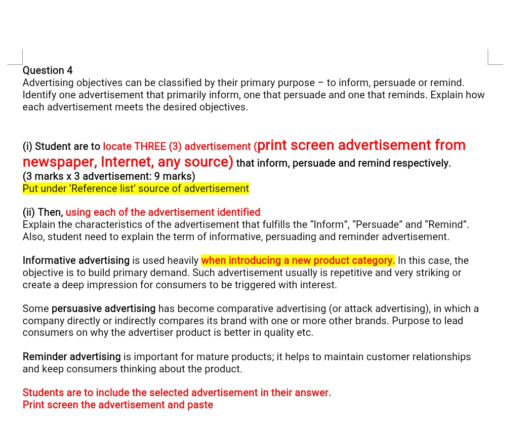 please answer in full format J l_ Question 4 Advertising objectives can