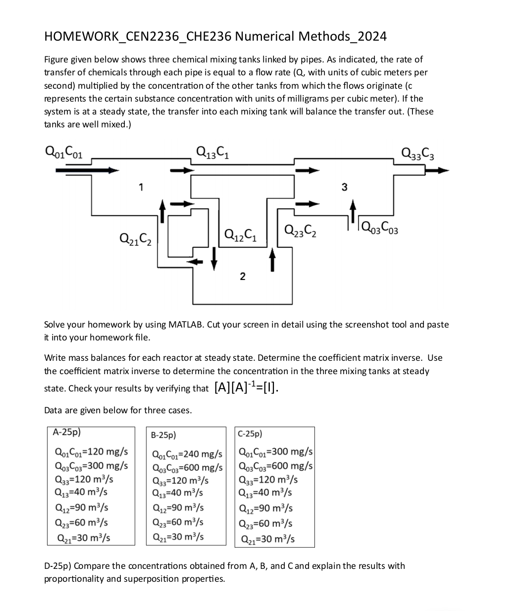  HOMEWORK_CEN2236_CHE236 Numerical Methods_2024 Figure given below shows three chemical mixing tanks
