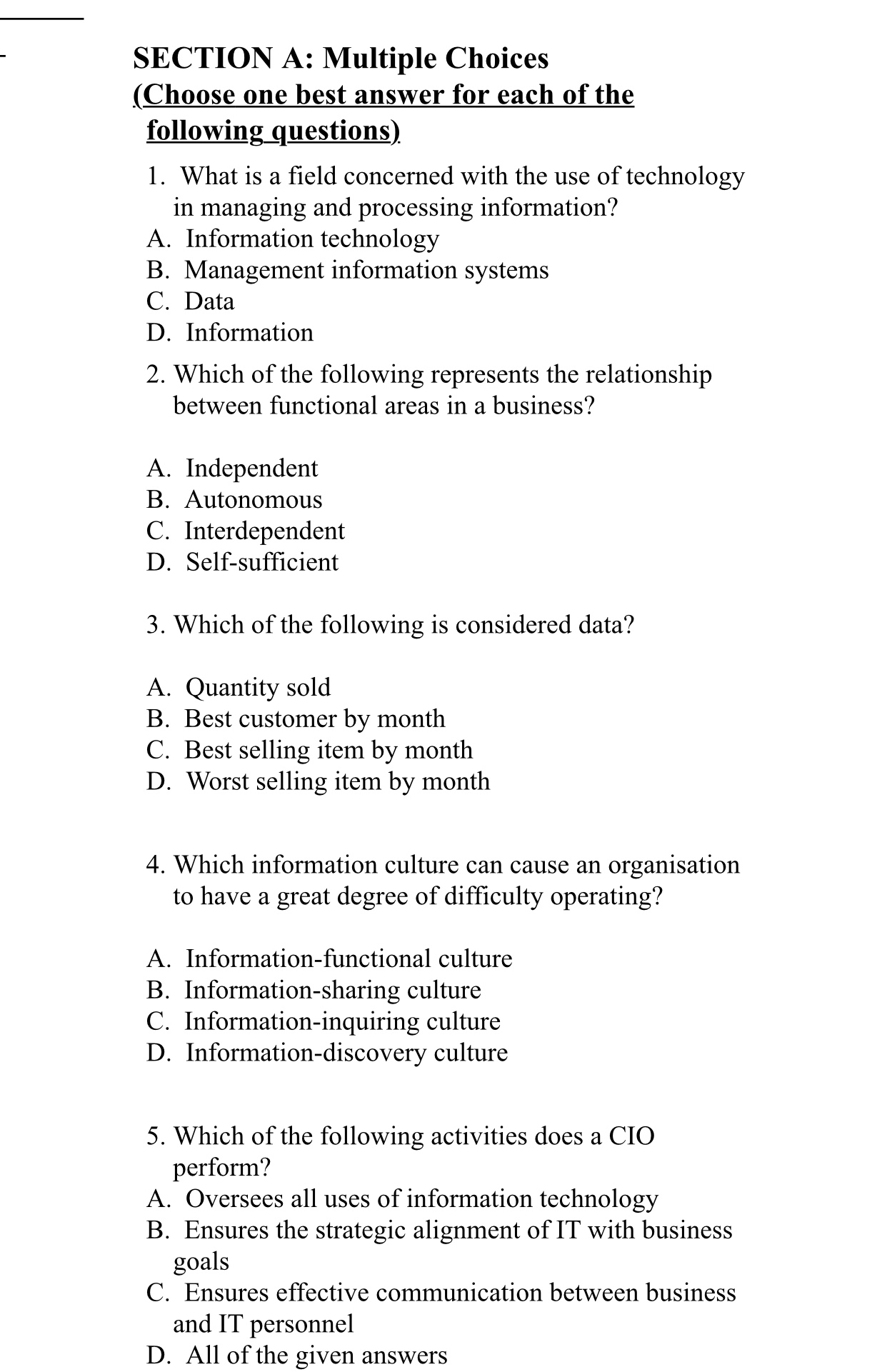  SECTION A: Multiple Choices (Choose one best answer for each of